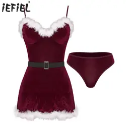 Womens Christmas Santa Claus Velvet Cosplay Costumes Plush Feather Trim V Neck Slip Dress with Briefs Belt Nightwear Clubwear