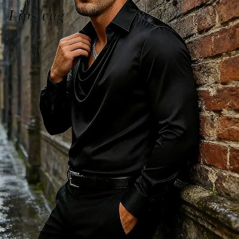 

2026 Весна-Осень Клубные модные рубашки Мужские атласные топы с длинным рукавом и драпированным воротником Винтажные мужские однотонные свободные рубашки
