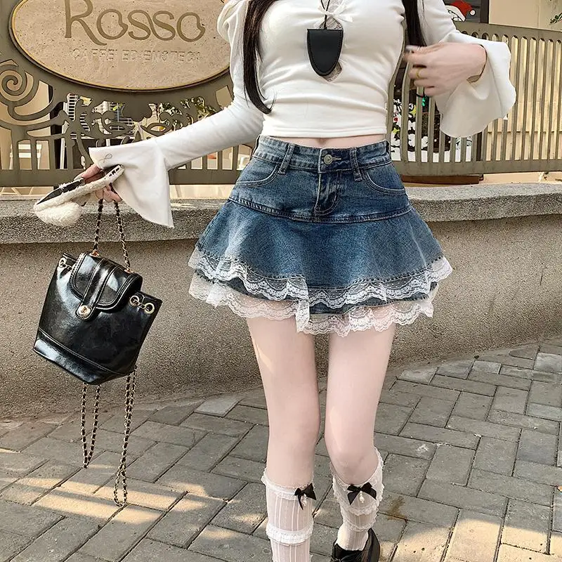 Lolita Lace Denim Cake Skirt 2026 New Summer Women High Waist Ruffle Skirts Girls Hip-covering Puffy Skirt Short Pleated Skirt