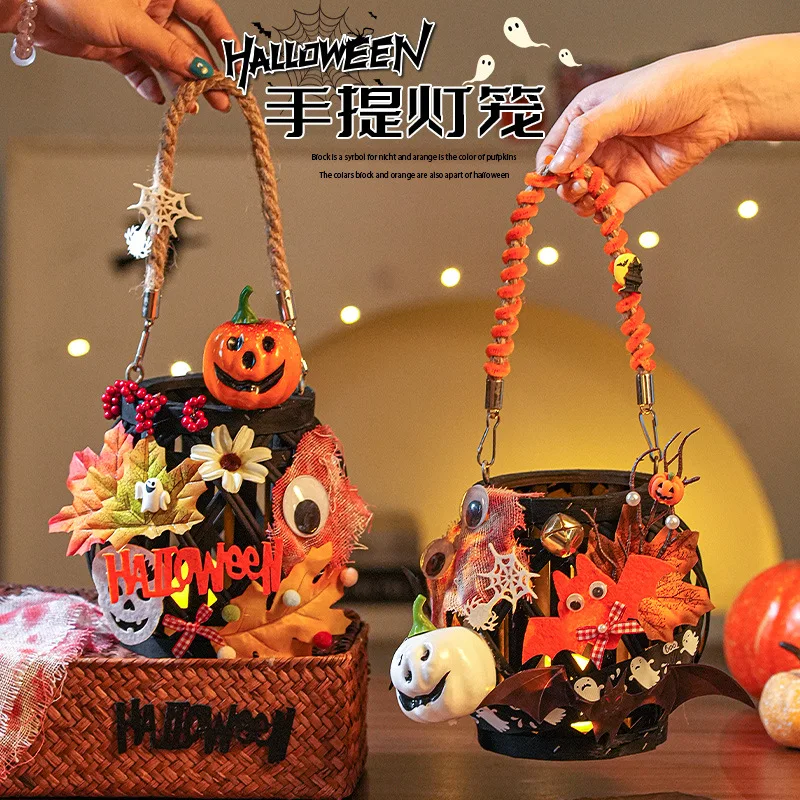 Halloween Decor Rattan Basket Lantern with LED Pumpkin Light Handheld Lamp for Home Party Trick Or Treat Decor
