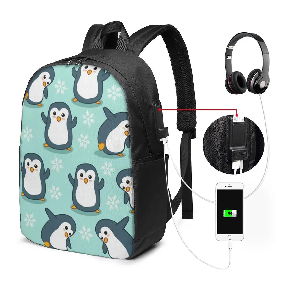 Playful Penguin Dance In Snow Pattern Backpack Travel Notebook Bag Computer College Student School Bag Laptop Shoulder Bags