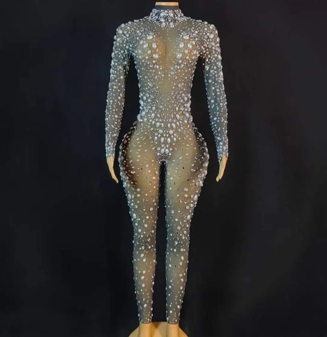 

Women Sparkly Hot Drilling Process Pearl Rhinestone Singer Performance Jumpsuits Birthday Queen Costume