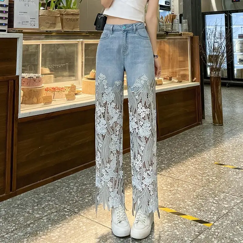 

Fashion Elegant Jeans for Women High Waist Lace Patchworl Hollow Out Irregular Pantalones De Mujer Casual Loose All Match Pants