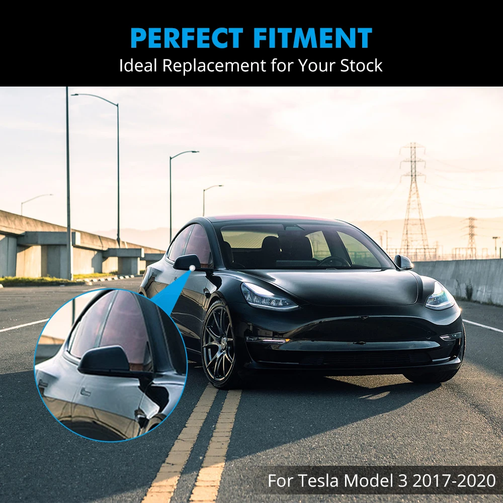 Black Side Mirror Cap Cover Pair Set Ultra Light ABS Housing Casing for Tesla Model 3 2017-2020