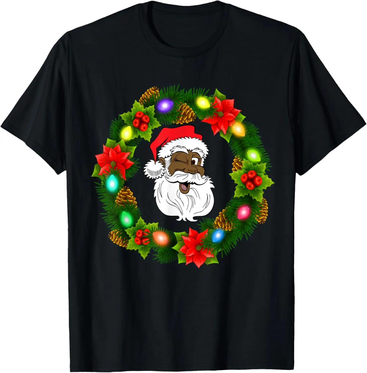 Black Family Merry Christmas Wreath African American Santa T-Shirt