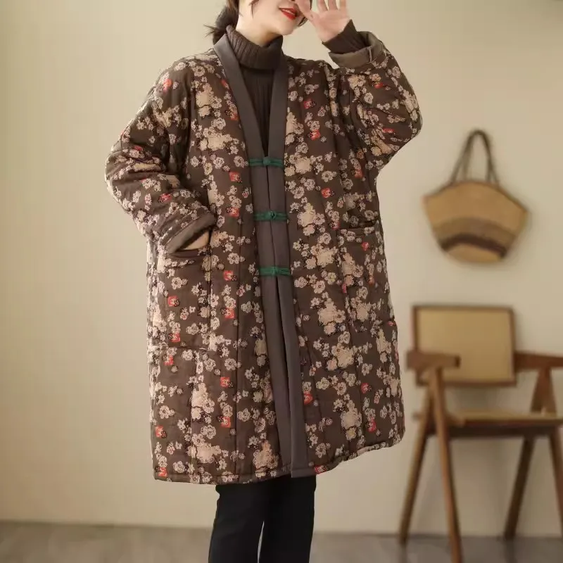 Oversized Vintage Floral Print Women Coat 2024 New Autumn Winter Cotton Linen Quilted Female Jackets Thick Warm Outwear Parkas