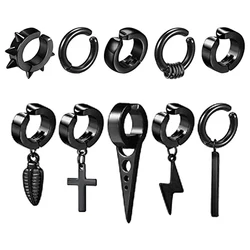 WKOUD-Boucles d'oreilles créoles à clipser en acier inoxydable pour hommes, faux pendentif perforé, clips d'oreille en plumes croisées, 1 ensemble de 1/10 pièces