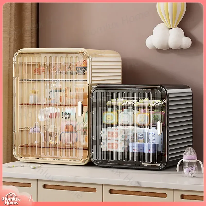 Baby Bottle Storage Cabinet Infant Feeding Table Desktop Cup Organizer Dust Box Baby Tableware Rack Nursery Storage Solution