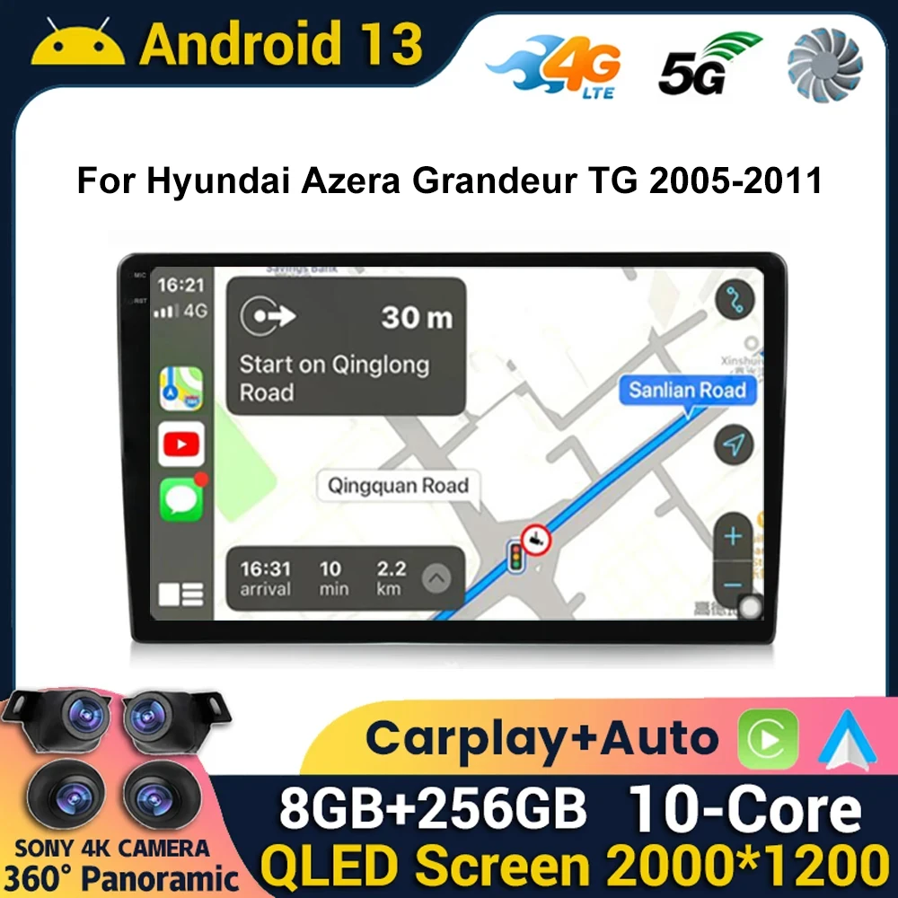 

9 "QLED Android 13 авторадио для Hyundai Azera Grandeur TG 2005-2011 автомобильный радиоприемник мультимедийный плеер 4G WIFI CarPlay GPS-навигация