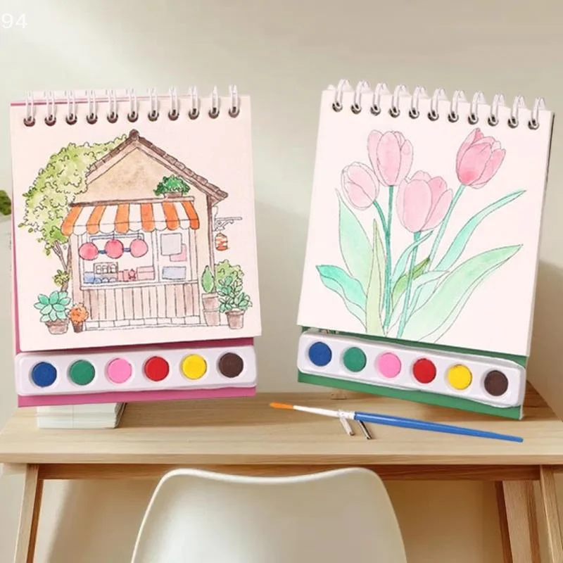 Desktop Decoration Set: Coil-Based Watercolor Painting Book with Embedded Paint; Graffiti Style DIY Artwork