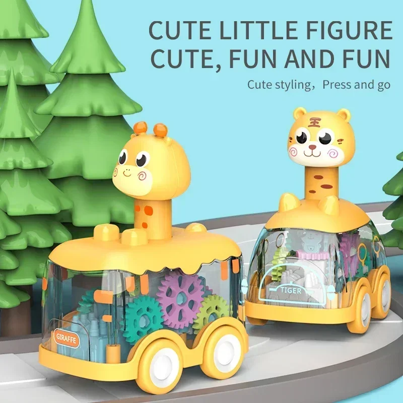 Children Pressing Transparent Gears Car Boys and Girls Aged 1-3 Years Old, Inertia Cartoon Animal Pressing Car with Lights