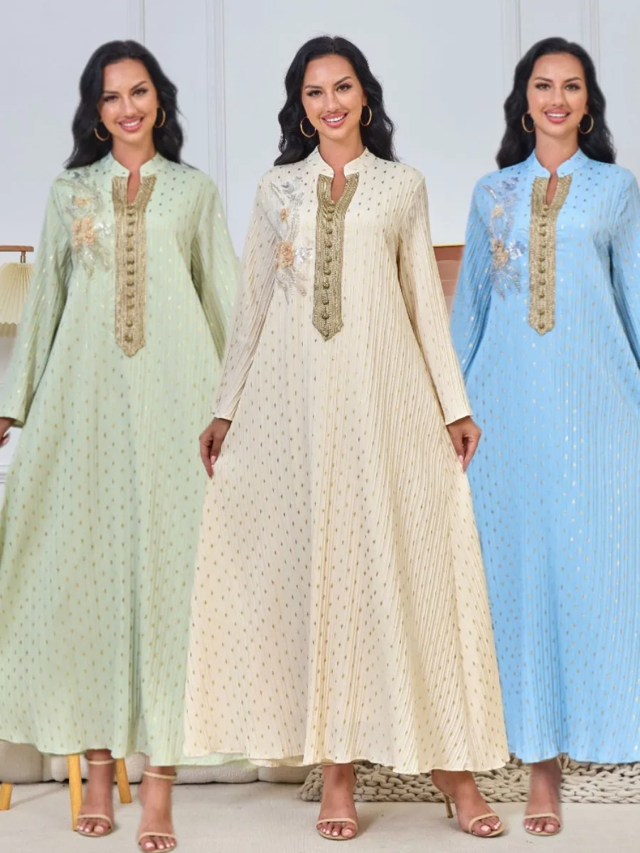 Muslim Party Dress Women Abaya Eid Ramadan Beading Vestidos Largos Dubai Robe Jalabiya Long Dress Belt Morocco Kaftan 2024