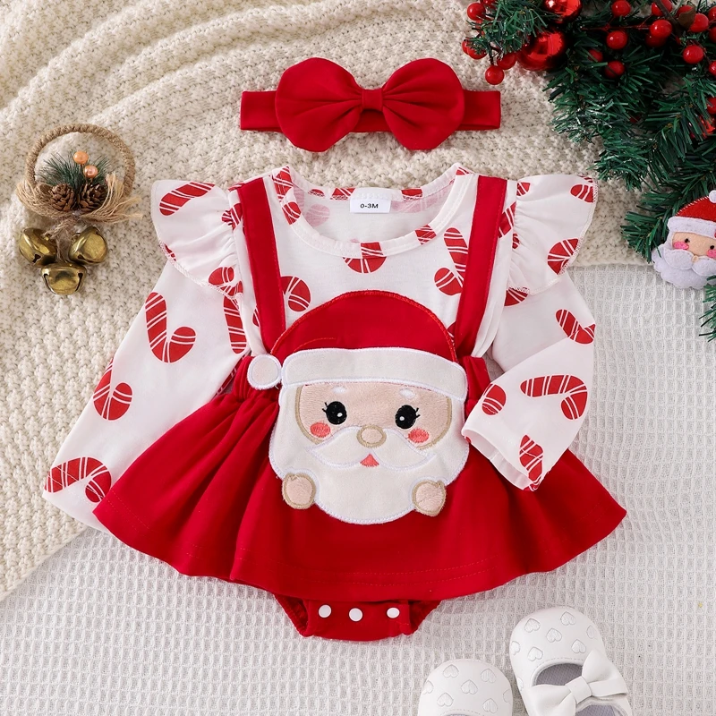 Baby Girl Holiday Outfit Ruffle Trim Patch Long Sleeve Romper Dress Bow Headband 2 Piece Set for Fall