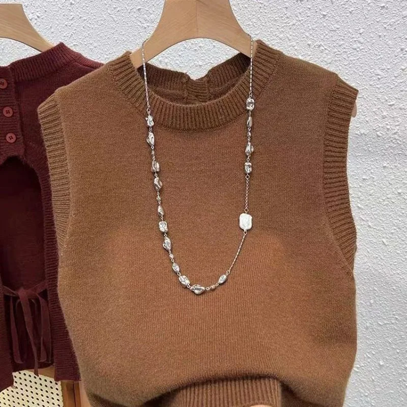 Brown Knit Vest Autumn Winter New Arrival Niche Design Back Tie‑Up Sleeveless Tank Top Soft Knit Waistcoat Casual Chic Outerwear