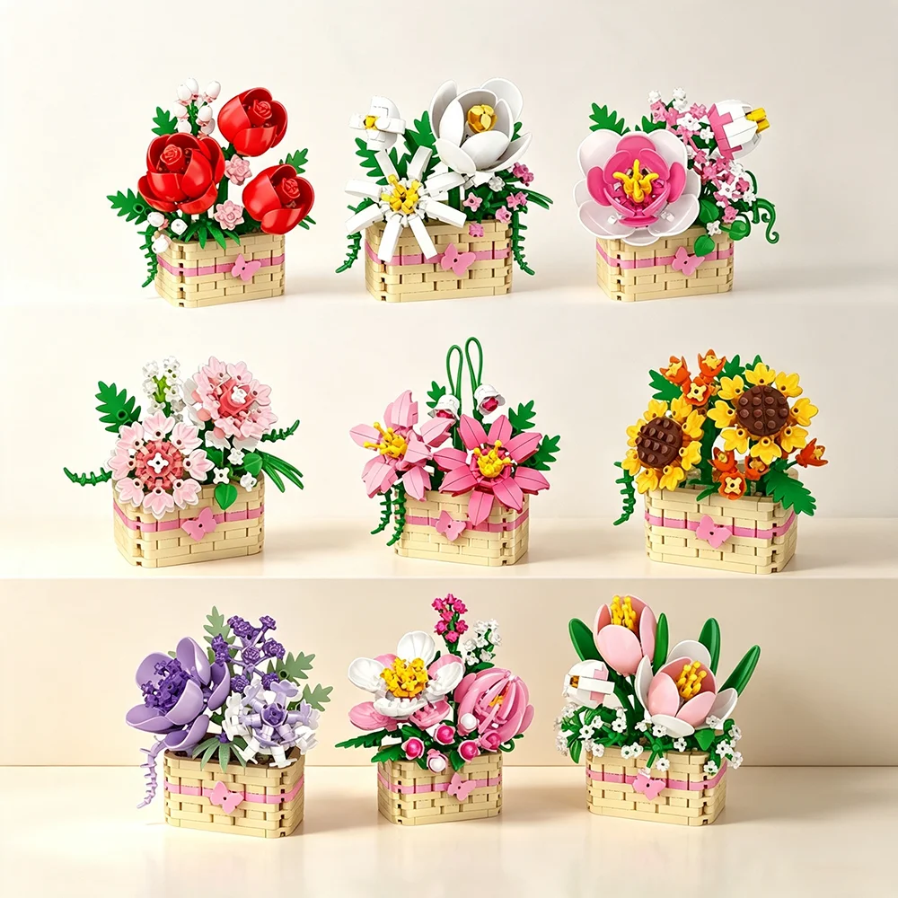 Multiple Styles Flower Basket Building Blocks Set DIY Artificial Floral Woven Basket Home Desktop Decor Ornament Gift for Girls