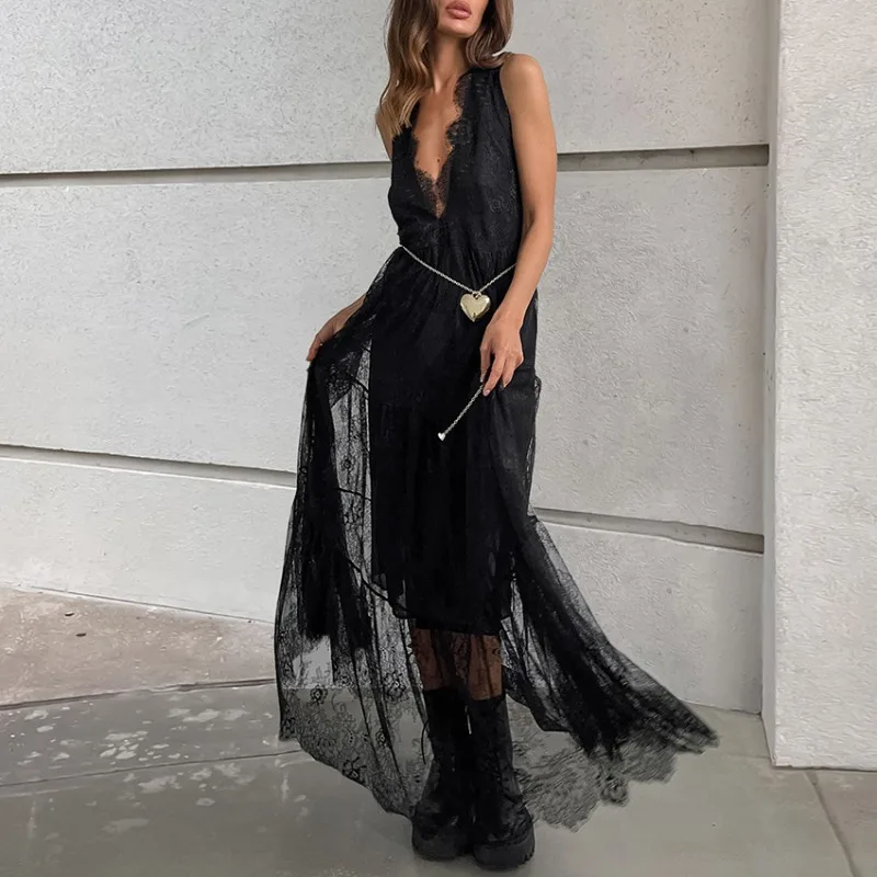 Women V-Neck Spaghetti Strap Black Lace Spliced A-Line Long Hook Flower Hollow Maxi Dress Elegant Summer Holiday Boho Fairycore