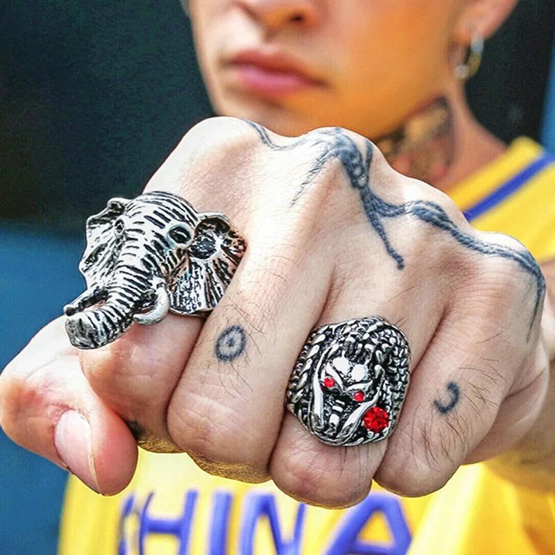 Retro Elephant Large Ring For Men Silver Color Street Punk Gothic Adjustable Ring Handmade Jewelry Biker Accessories Man Gift