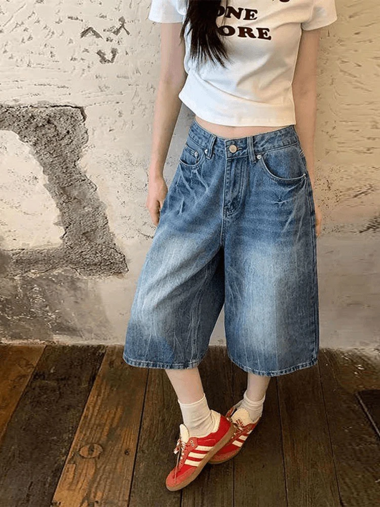 Pantalones de pierna ancha de cintura alta para mujer, pantalón Retro americano, pierna recta, patrón de relámpago, Seven-Five, verano, seis seis