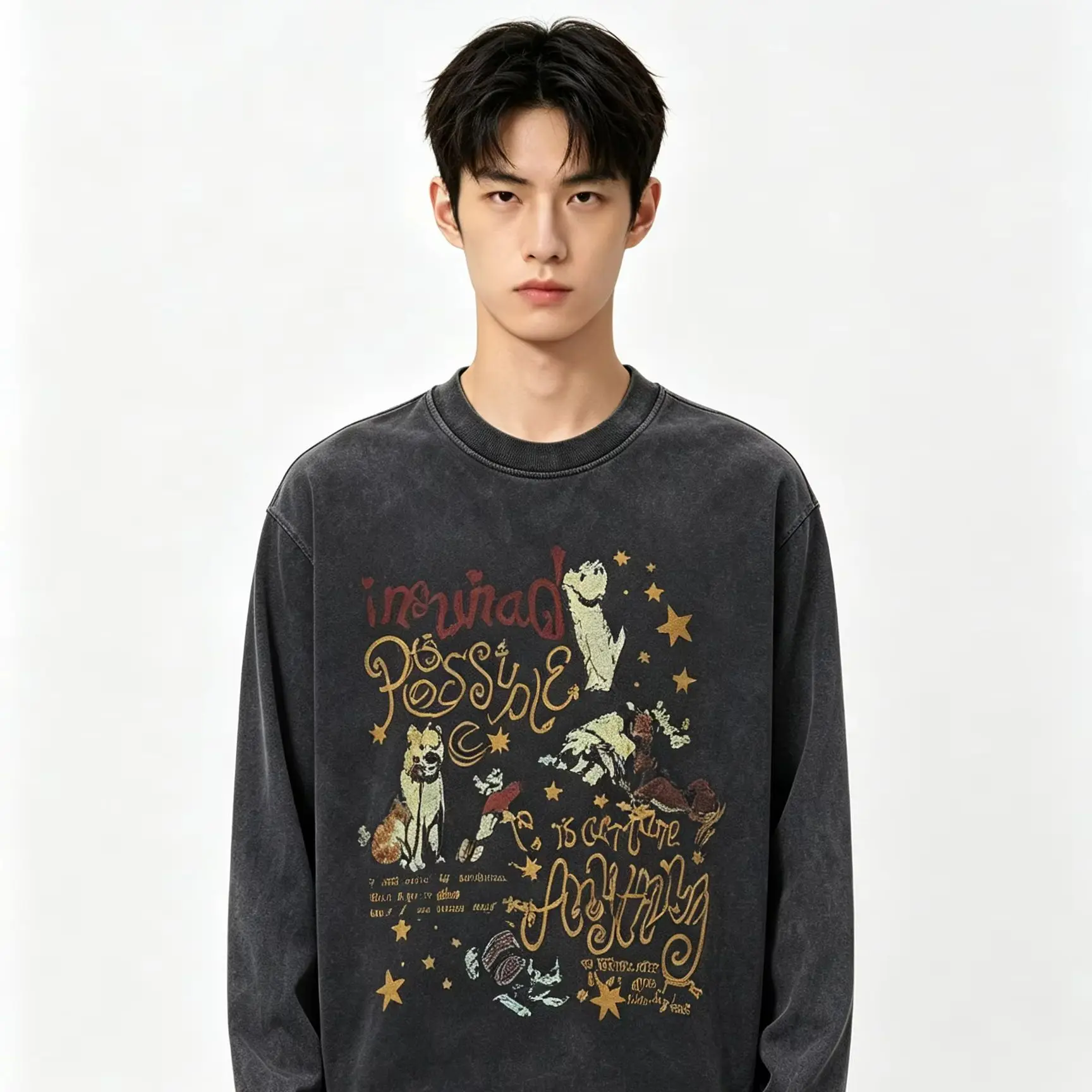 Washed Distressed Animal Letter Graphic Long Sleeve T Shirt Unisex Vintage Loose Casual Streetwear Top