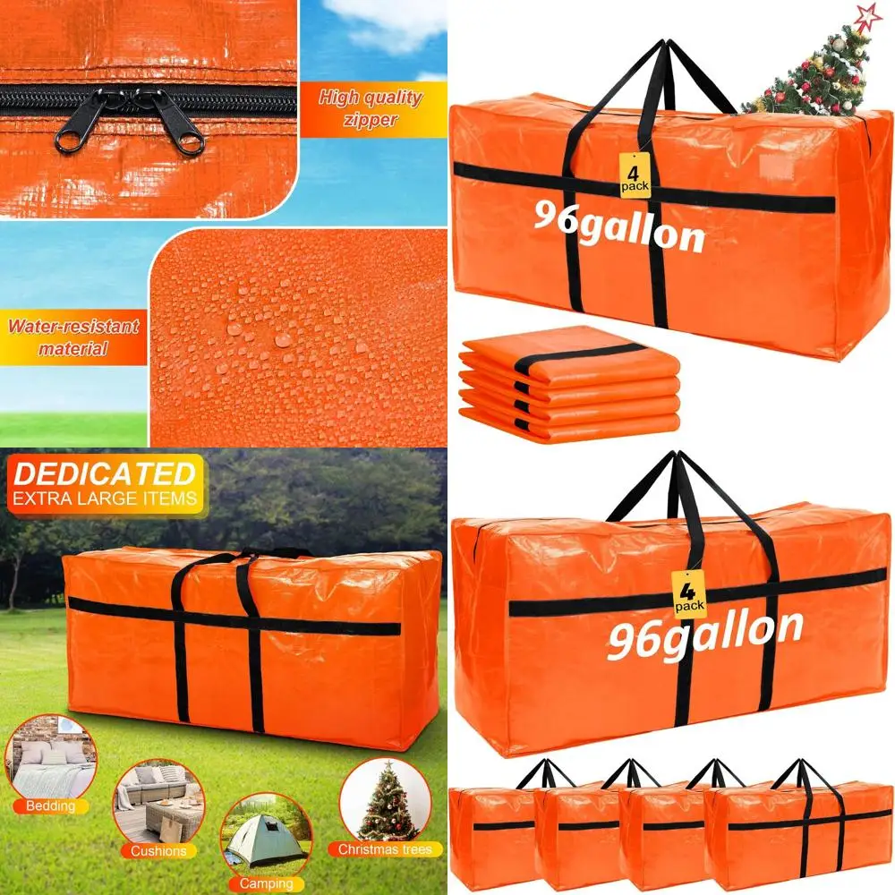 

Large Heavy-Duty 96 Gallon Moving Bags with Zipper and Handles, Foldable XXL Totes for Christmas Tree Storage (Orange)