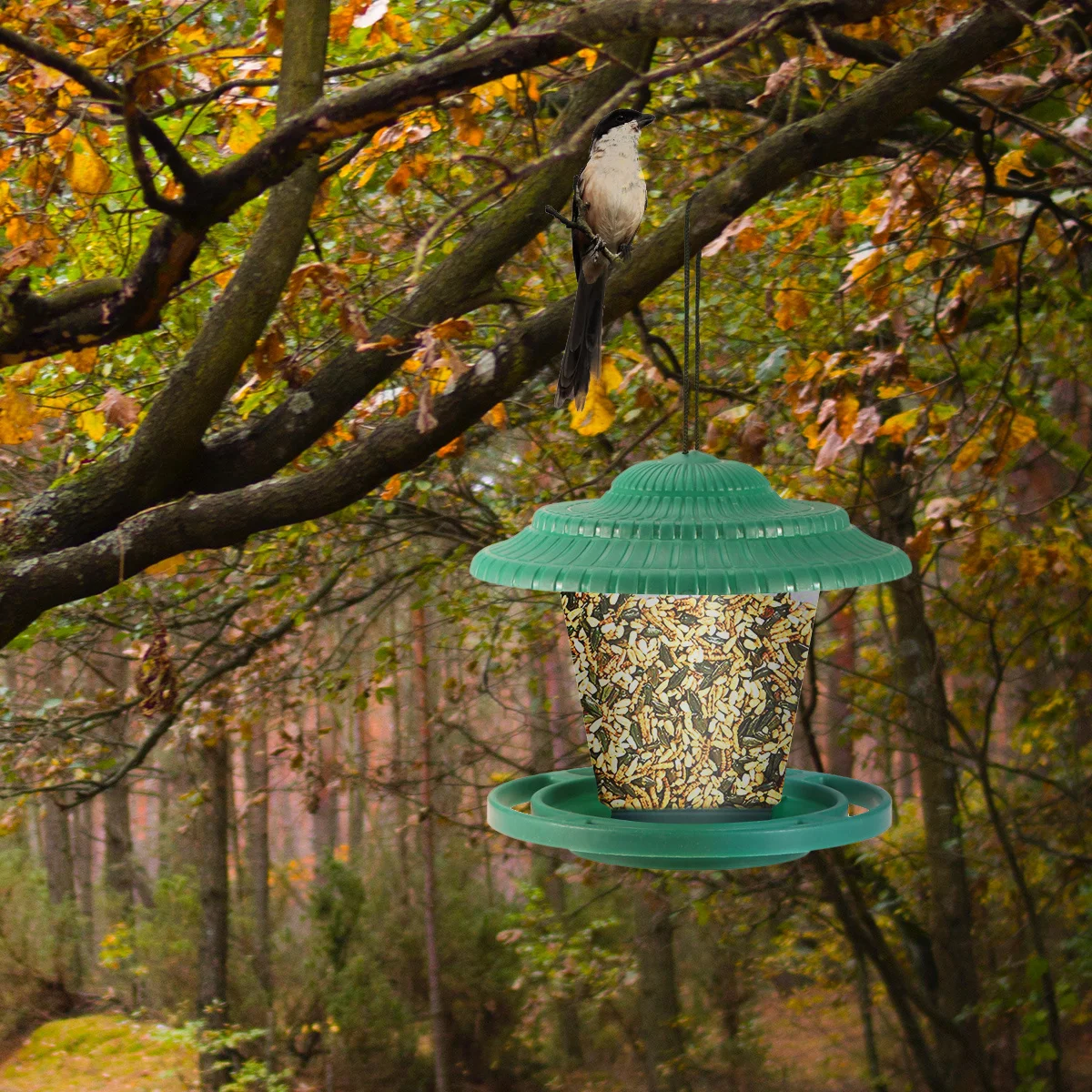 

Outdoor Wild Bird Feeder Green Hanging Design with Protective Roof for Garden Patio Bird Feeding Decoration