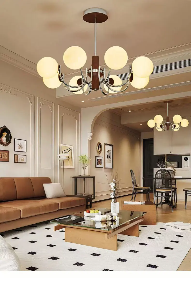 Glass Globe E27 Chandelier Living Room Wood Pendant