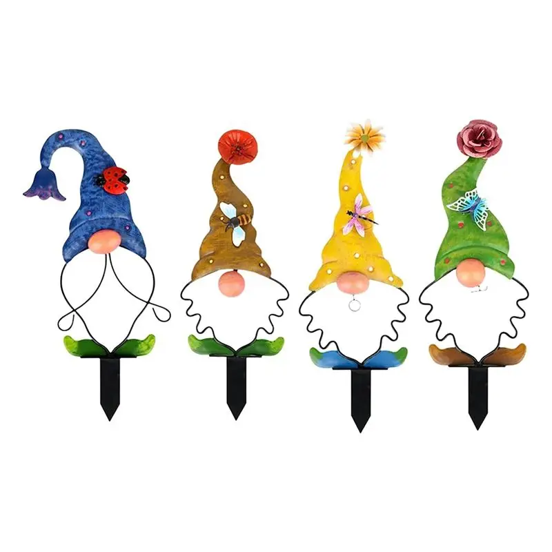 AT05-4 PCS Garden Gnome Stake Decoration Metal Yard Art Outdoor Statue Decor For Lawn Patio Pathway