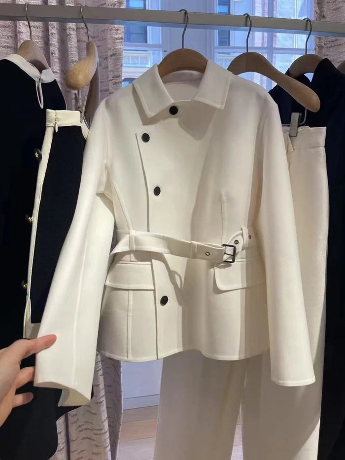 

2025 Autumn Winter Elegant Office Ladies Slim White Blazer Fashion Sashes Single Breasted Black 100% Wool Coat