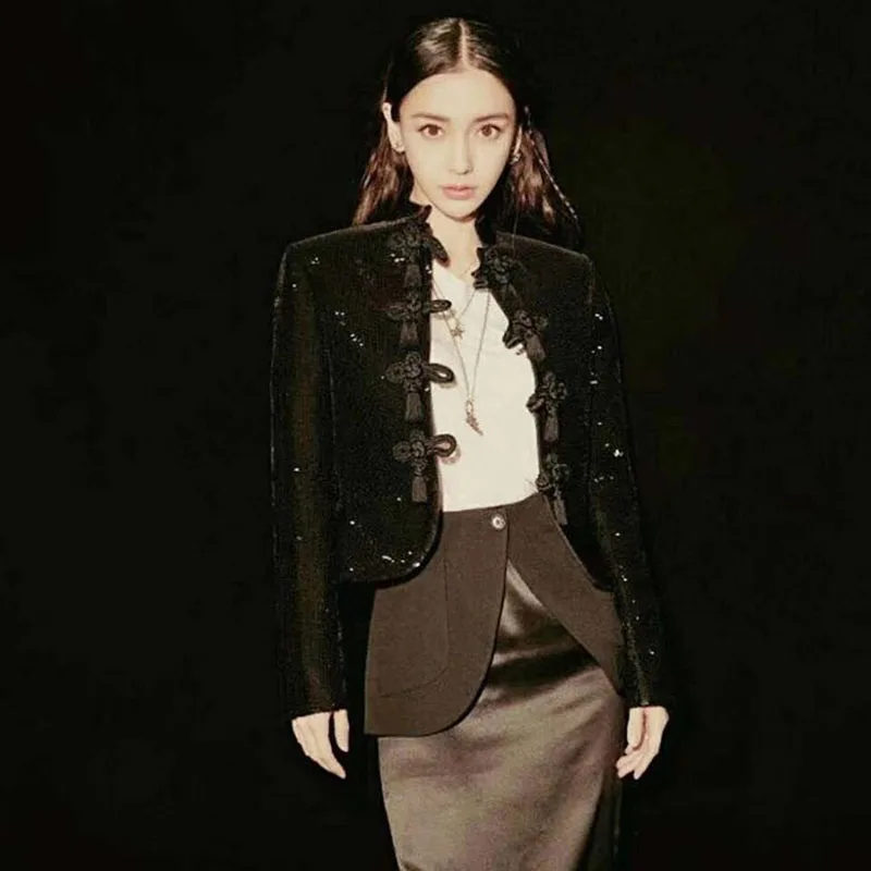 

Naturaleye Original Design Thin Long Sleeve Short Coat Black Stand Collar Single Button Fastening Sequin Women's Fashion Oute...