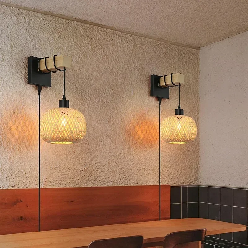 Rattan Plug in Wall Lamp Dimmable Switch Bamboo Wall Light E27 Wall Sconce for Bedroom Living Room Hotel Hallway Home Restaurant