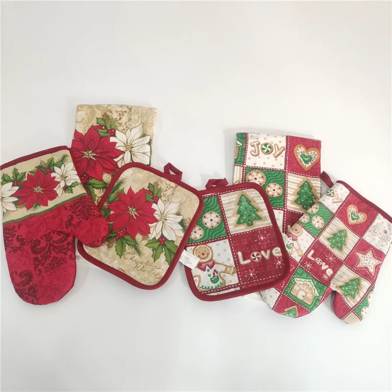 3-teiliges Set Baumwolle Vintage Weihnachtsserie Bedruckte Mikrowellenhandschuhe Küchen-Isolierunterlage Geschirrtuch Weihnachtsparty-Geschenk – Detail 2