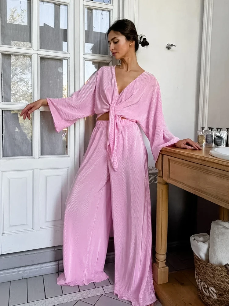 Jyate Pink Cross V-Neck Shirts And Pleated Trousers Two Pieces Sets Autumn 2024 Pleated Loose Vacation Outfits Women Pants Sets