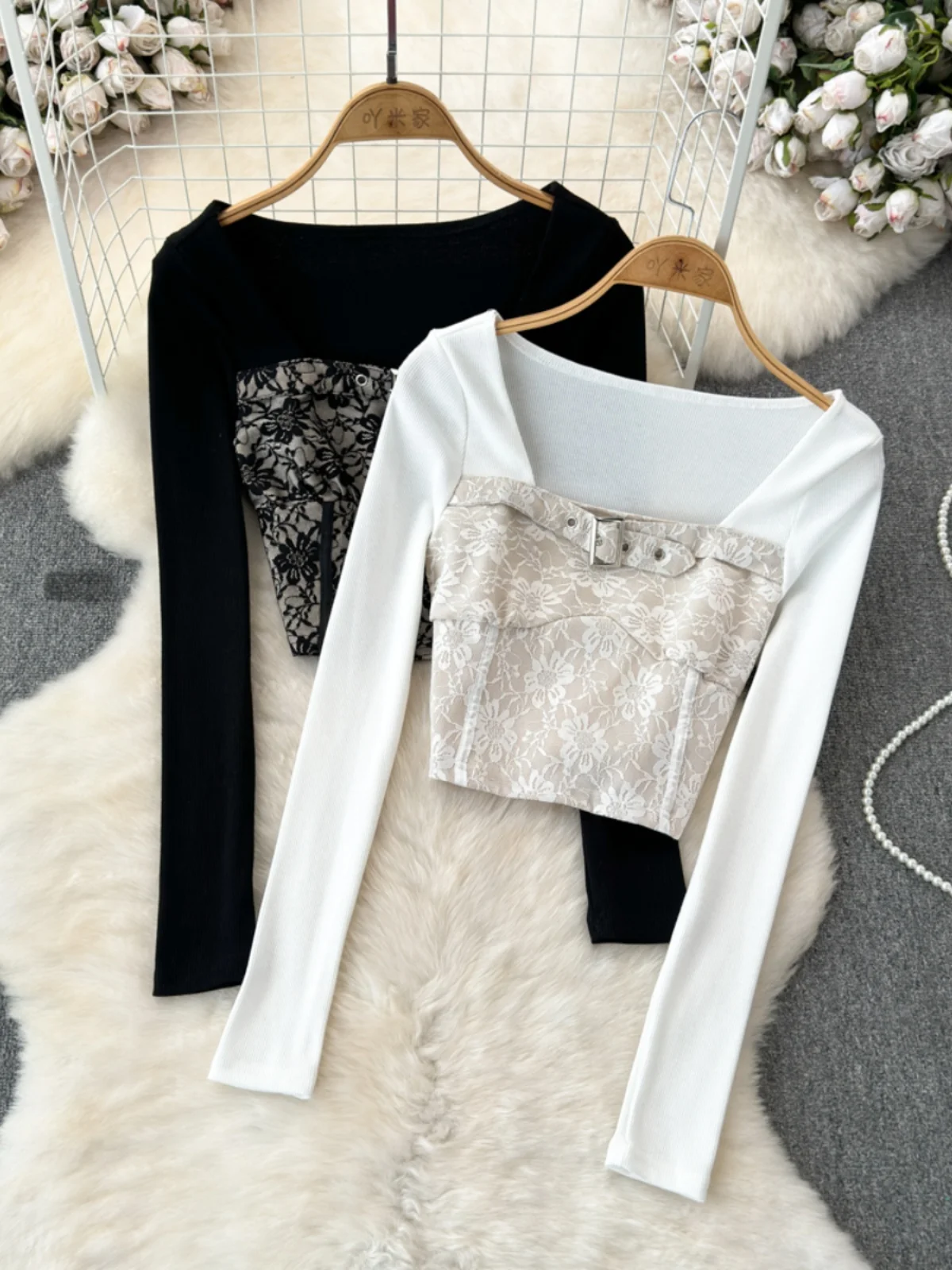 Korean Fashion T Shirts for Women Square Collar Long Sleeve Female Top Floarl Embroidery Lace Patchwork Almighty Tshirt Dropship