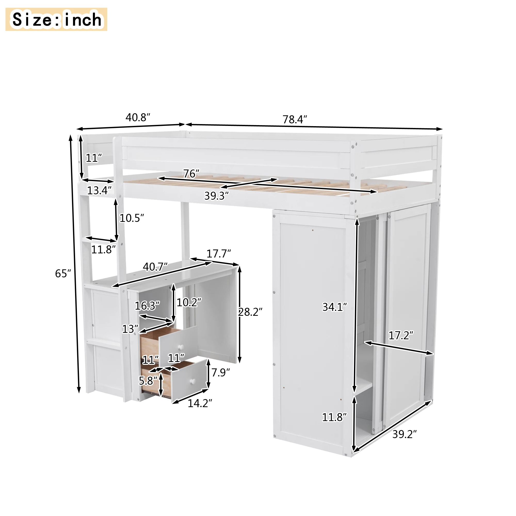 Houten Twin Size Loft Bed Met Kasten En 2-Lades Bureau Met Kast, Wit