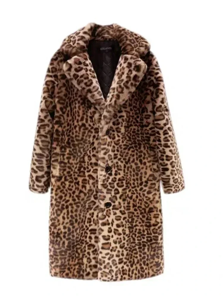 Women Faux Fur Coat Winter Leopard Thick Fluffy Long Sleeve Warm Outerwear Luxury Fur Jacket Elegant Mujer Bontjas Long Coats