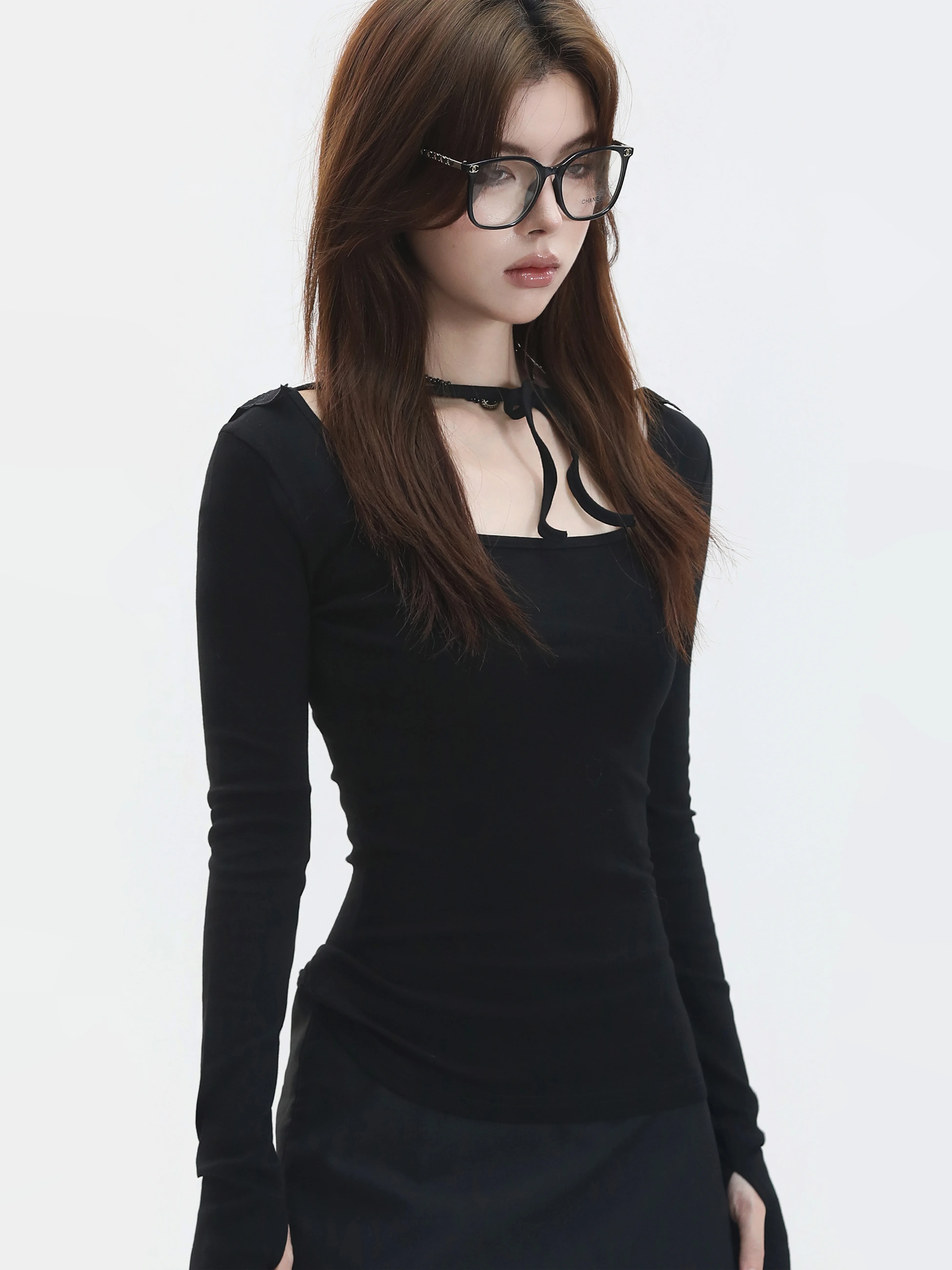 Korean Design Embroidered Wings Long Sleeve Square Collar T-Shirt Belted Slim Fit Casual Style Pure Color Cotton Blend Top