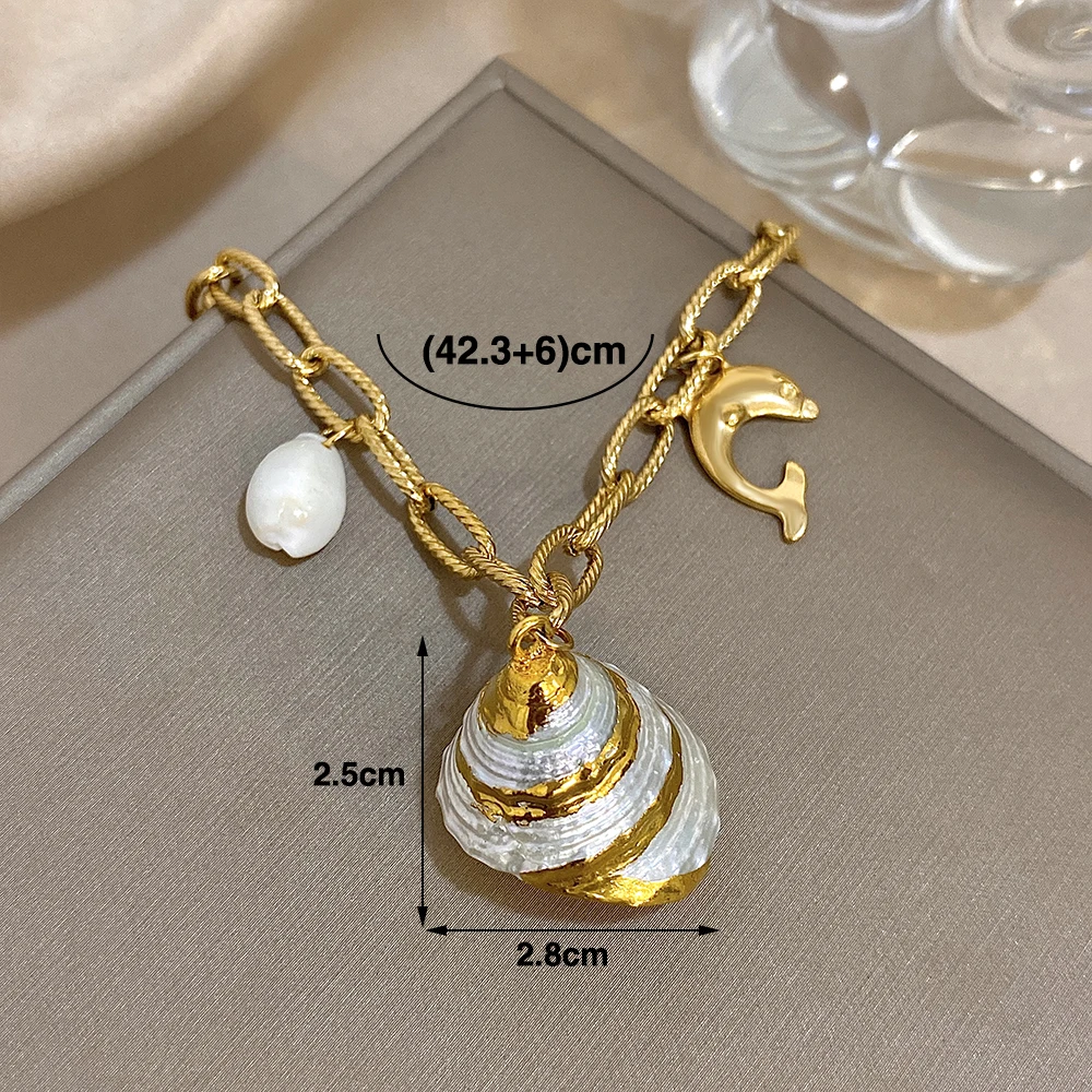 DODOHAO Round Shell Pendant Necklaces Ocean Style Women's Pendant Necklaces Beach Party Gold Color Stainess Steel Trendy Jewelry