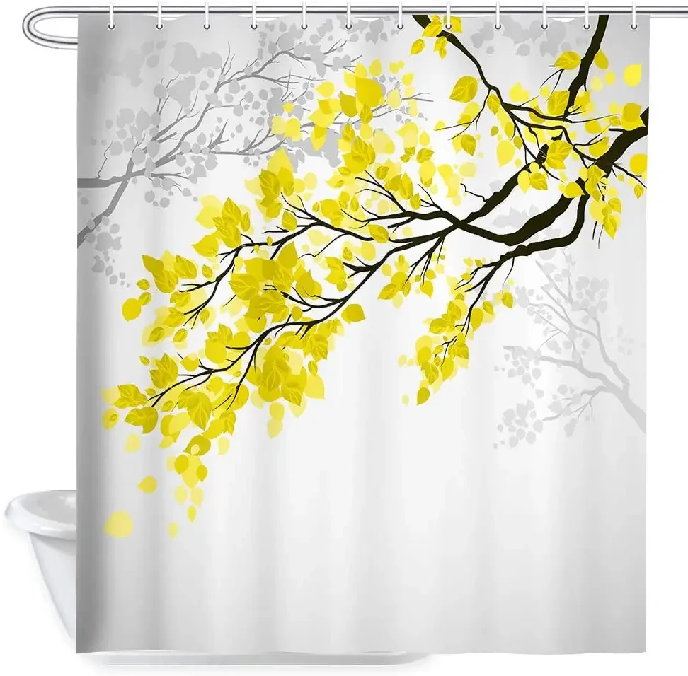 Leaf Shower Curtains Set Yellow and Grey Leaves Tree Branch Art Printing Polyester Fabric Bath Curtain for Bathroom,  With Hooks