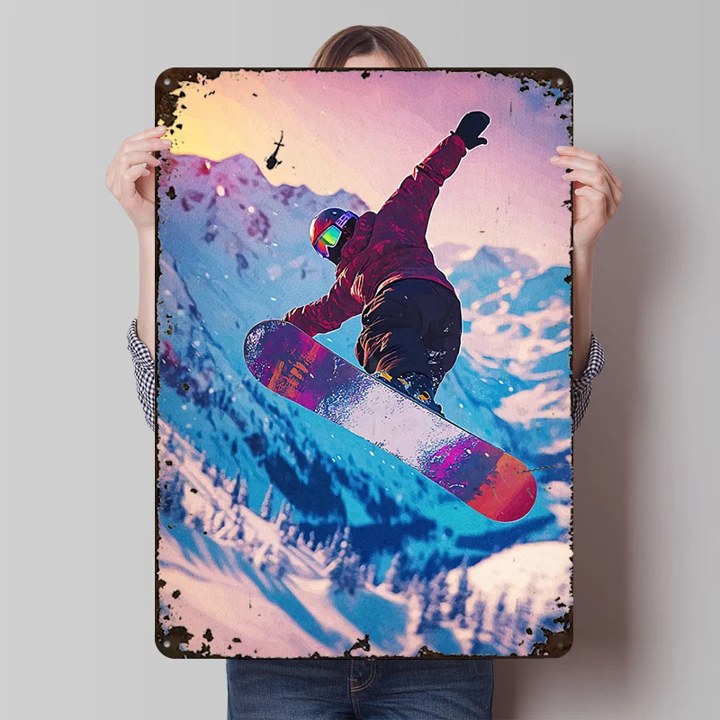 Póster impreso de montaña al aire libre de Snowboarder, arte de pared personalizable, carteles de hojalata de Metal Retro Vintage para artículos de decoración de escritorio y habitación del hogar