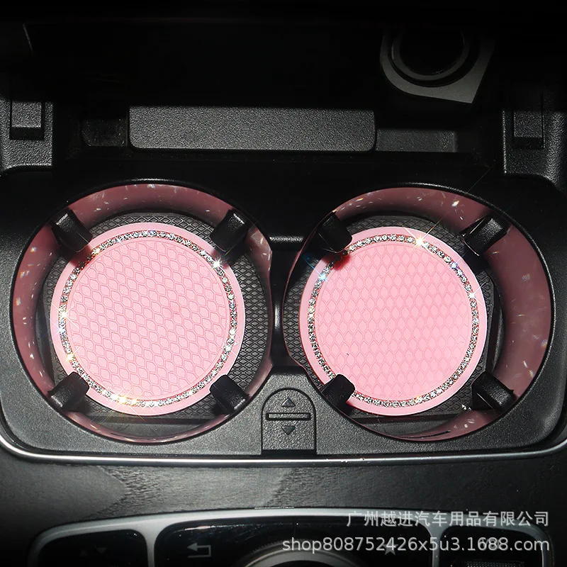 Car Decor Bring Water Coaster Round Silicone Non-slip Pad Cup Insulation Rhinestone Hot Pink Auto Interior Voiture Accessories