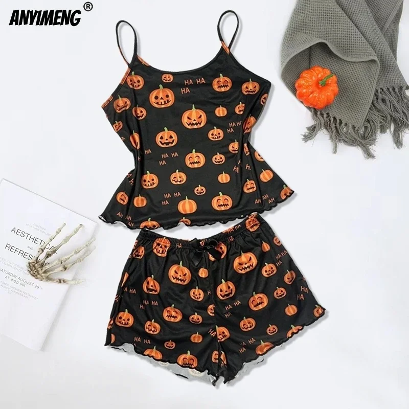 HOT Halloween Prumpkin Nightie Summer Spaghetti Strap Pajamas Set for Women Tank Top Shorts Girl Sexy Lingerie Sleeveless Pijama