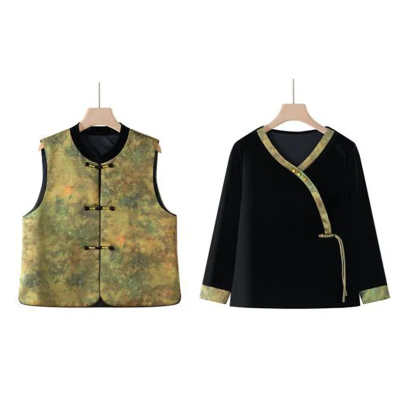 Middle-aged Elderly Mother Chinese Buckle Vest Splicing Velvet Set Retro Long Pants Three-piece Suits Women Gold Velvet Outfits