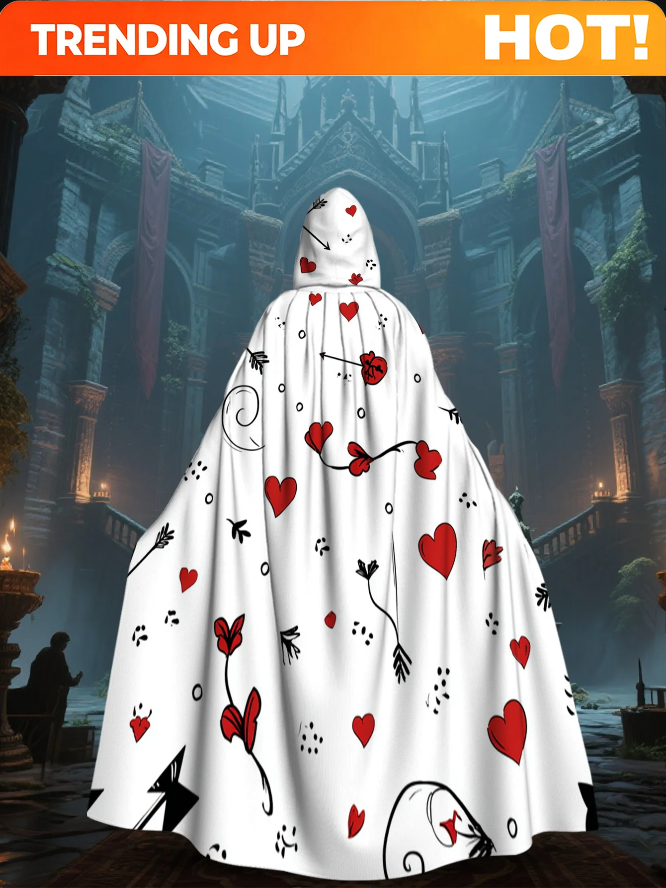 Customization 1pc Of 2D Printed Street Style Hooded Cape Featuring A Cupid Bow And Heart Arrow Design, Made From 100%, Suitable