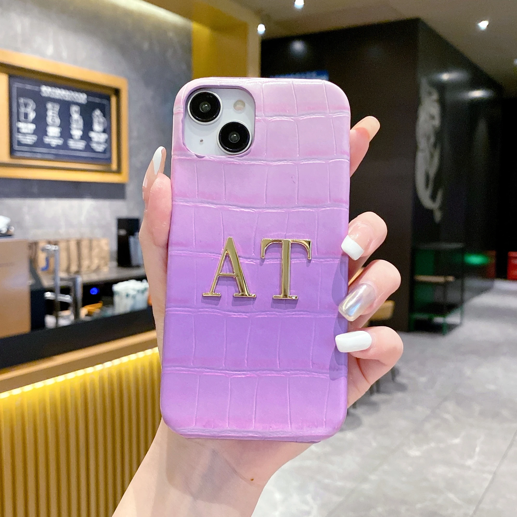 

Customized Crocodile Pattern Phone Case Gradient Name Letters Personalized Shockproof Cover iPhone 15 14ProMax 13 12 11