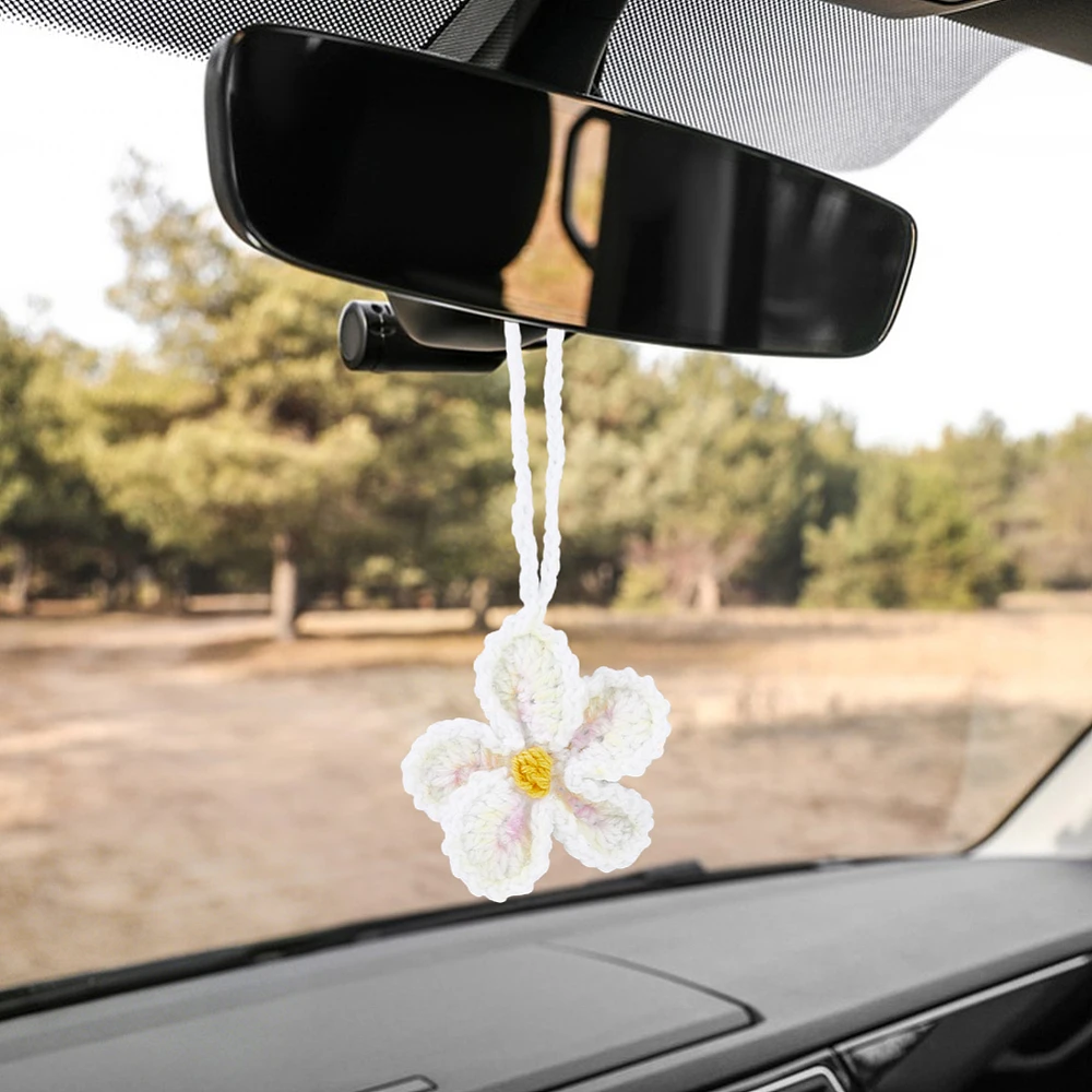 Hibiscus Flower Car Accessories White Crochet Knitted Floral Hanging Ornament Hawaiian Tropical Flowers Car Rear View Pendants