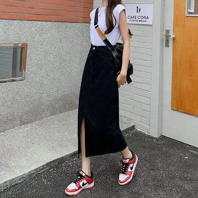 High Waist Slit Denim Midi Skirt Women's Mid-Length Summer New Long Skirt Retro A-Line Bodycon Skirt Ins Style Casual Fit