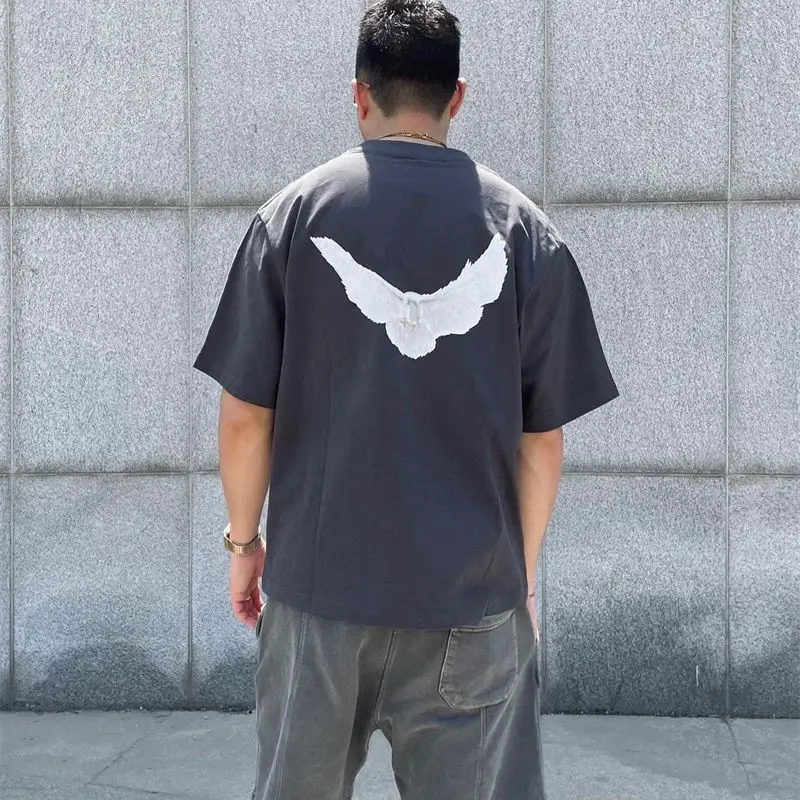 Kanye High Quality 100% Cotton White Pigeon Wash Vintage Loose Round Neck T-shirt