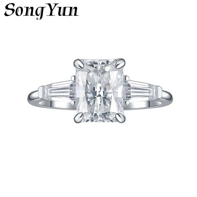 SONGYUN Moissanite Diamond Jewelry 68mm Radiant Cut Moissanite Ring with Baguette Stones 18K Gold Plated S925 Sterling Silver