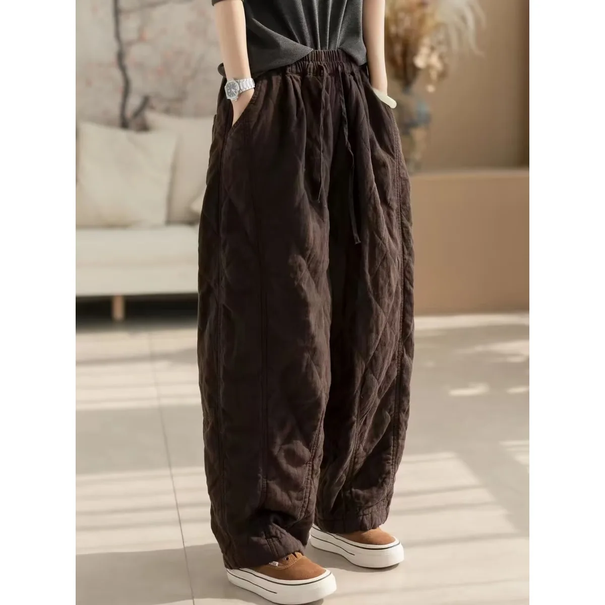 Authentic Winter Thickened Large Size Casual Loose Diamond Pattern Cotton Linen Women's Pants Comfortable Breathable Natural ...