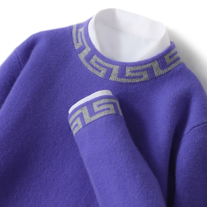 Autunno e inverno nuovo maglione di cashmere da uomo girocollo colore abbinato maglione casual spesso 100% pura lana lavorata a maglia fondo